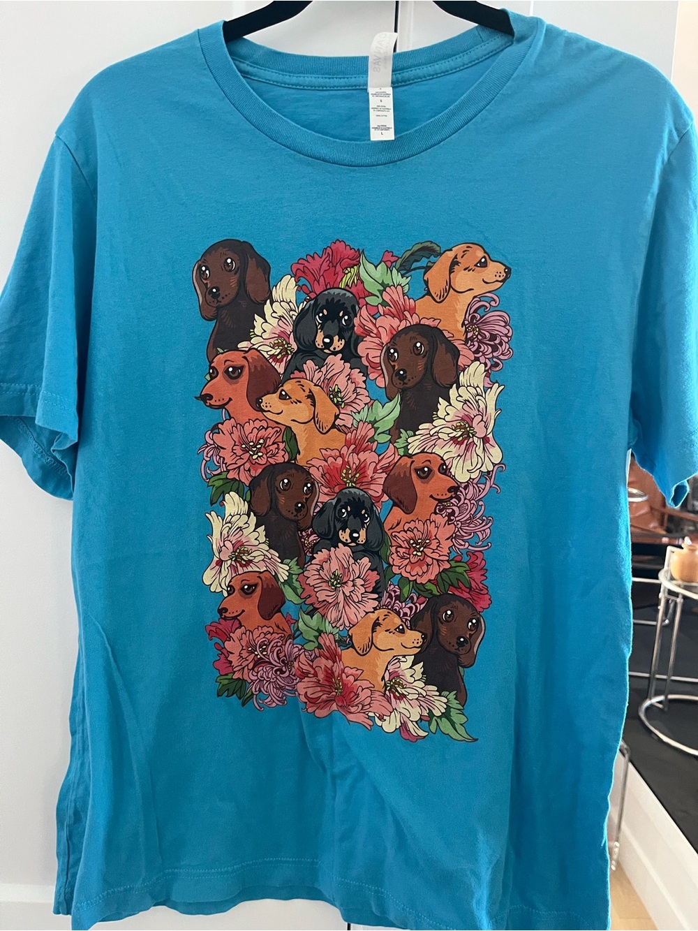 Bella Canvas Teal Blue Dachshund Floral Graphic Tee size large hotdog